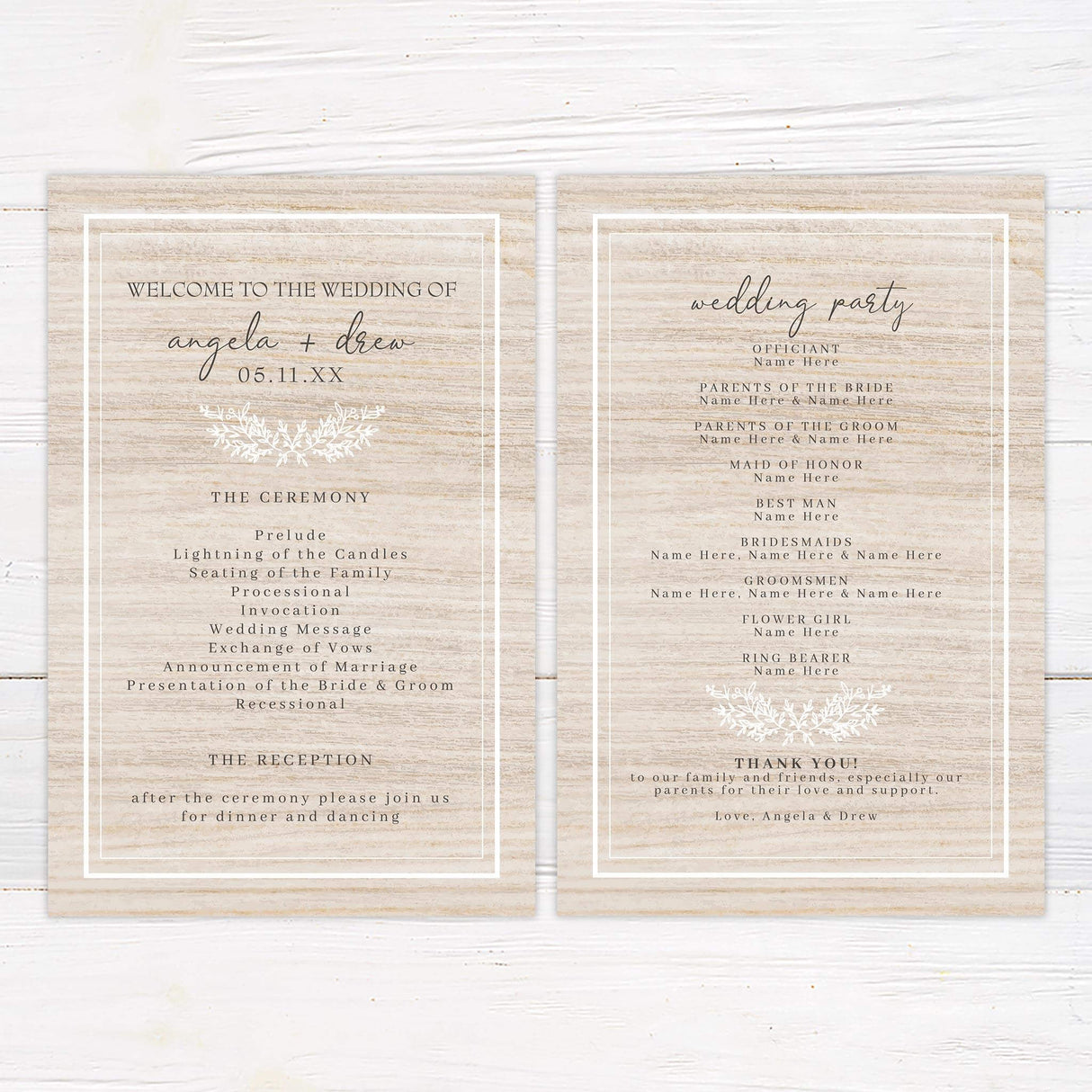 Wedding program with white leaf illustration and clean rustic fonts