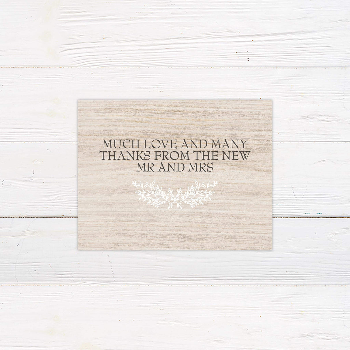 Printed thank you card with wreath graphic and rustic styling