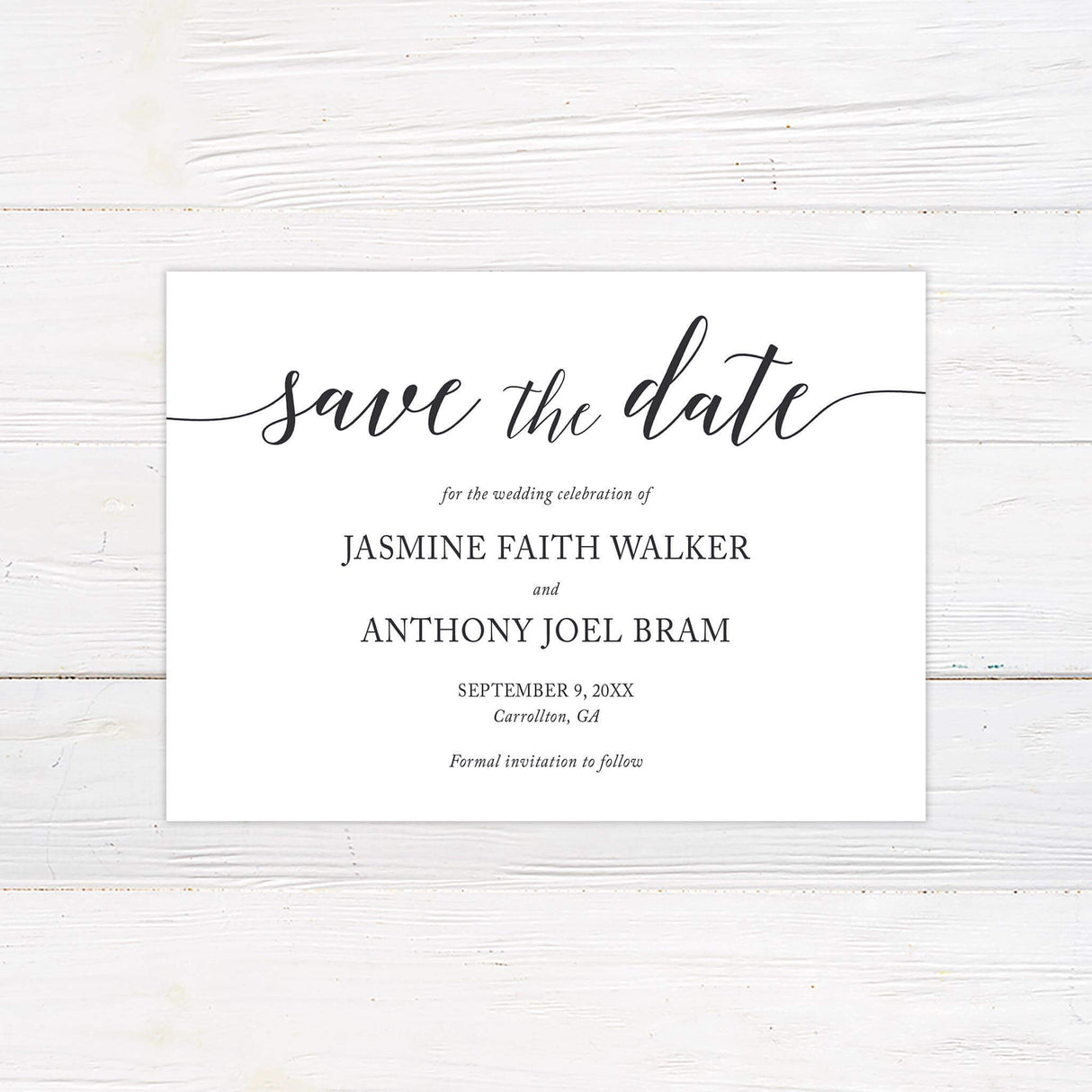 Save the Date card with romantic script heading and classic serif details from the You're Invited Script design.