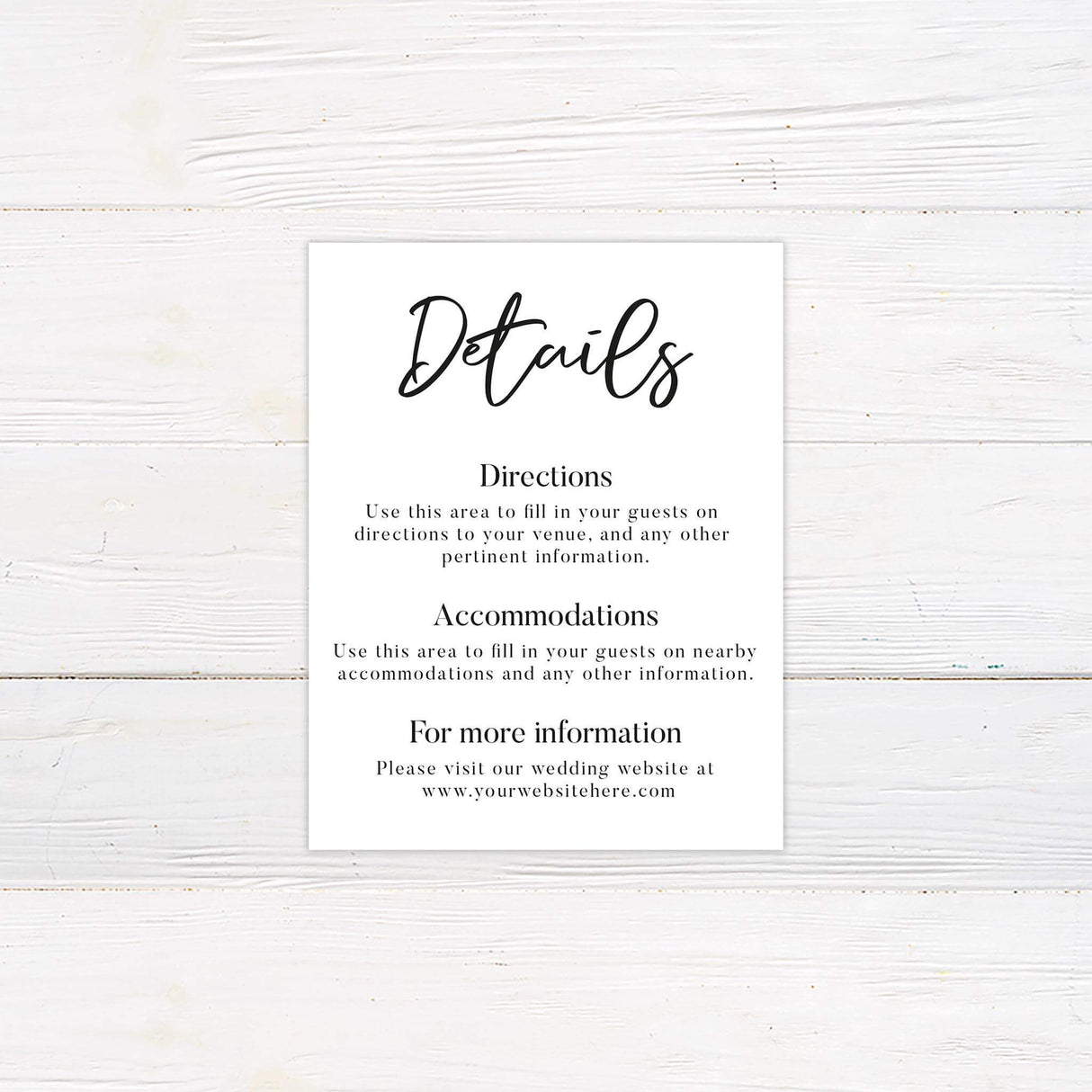 Monochrome details card with minimal layout and soft script accents