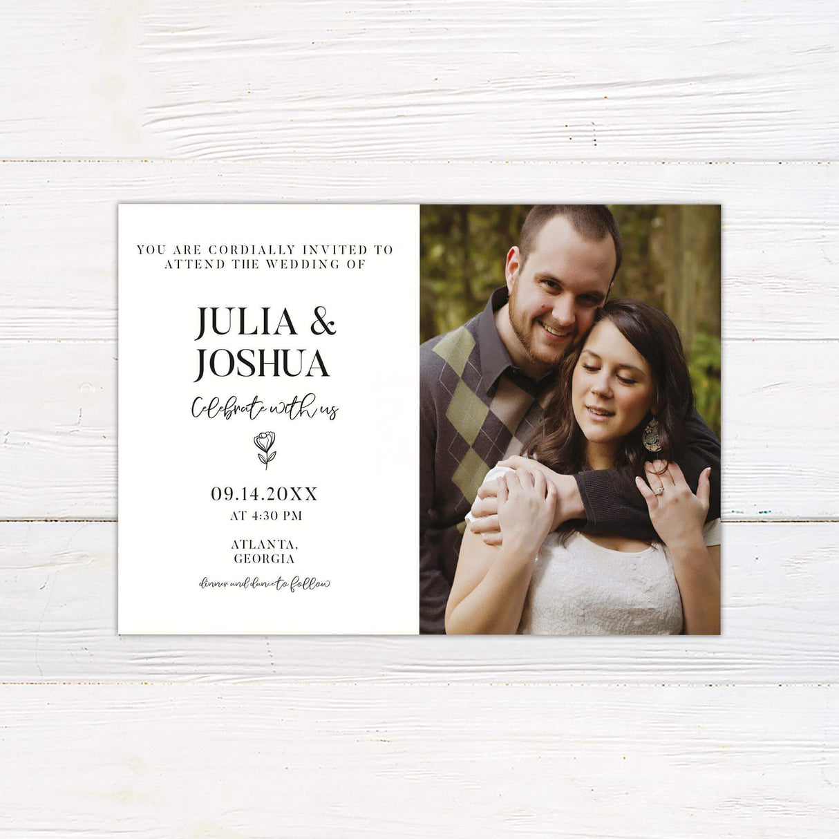 Wedding invitation with black serif and script fonts, engagement photo, and elegant monochrome layout