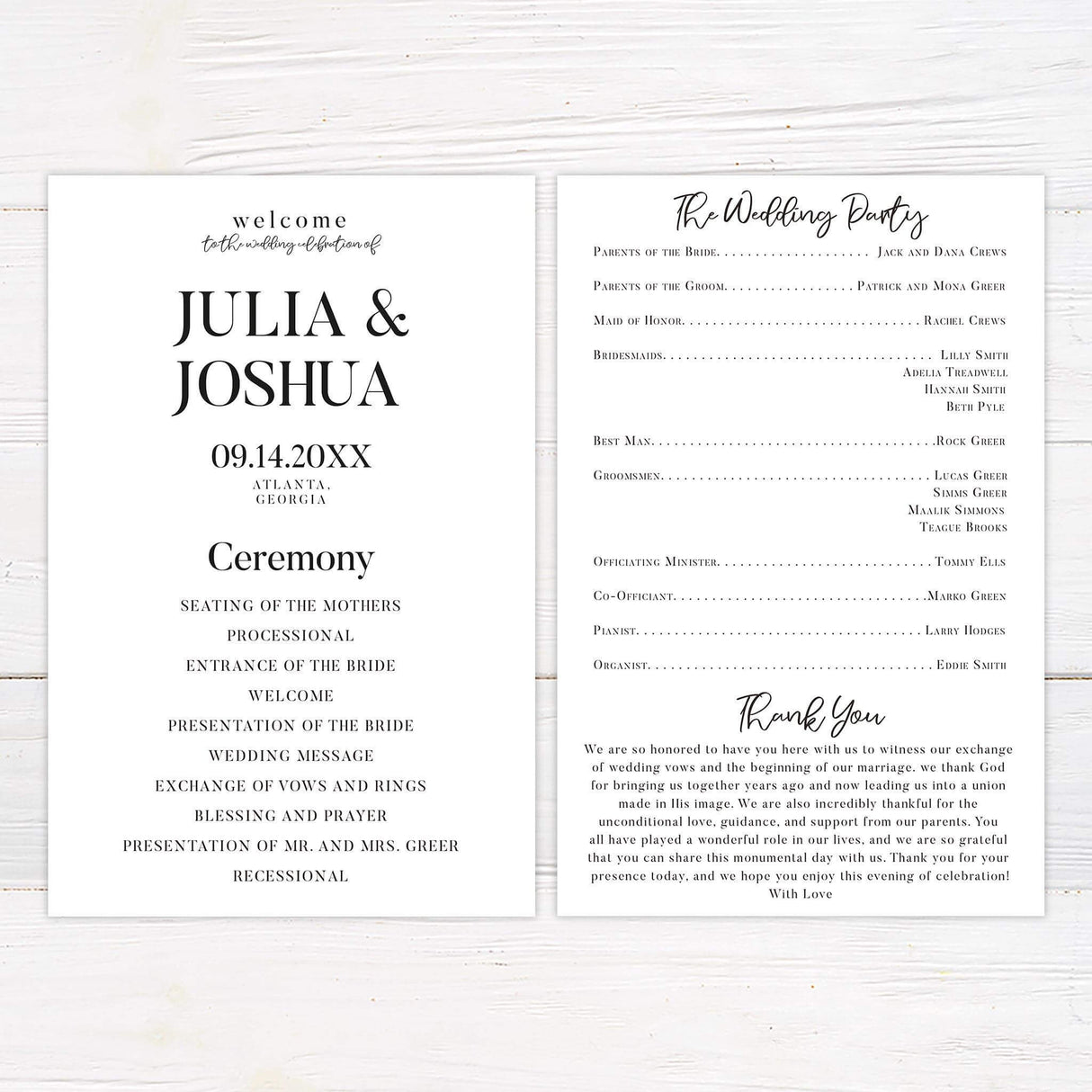 Elegant black and white wedding program with serif and script fonts
