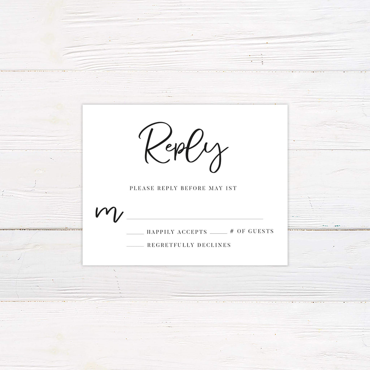 RSVP card with clean black serif text and modern layout