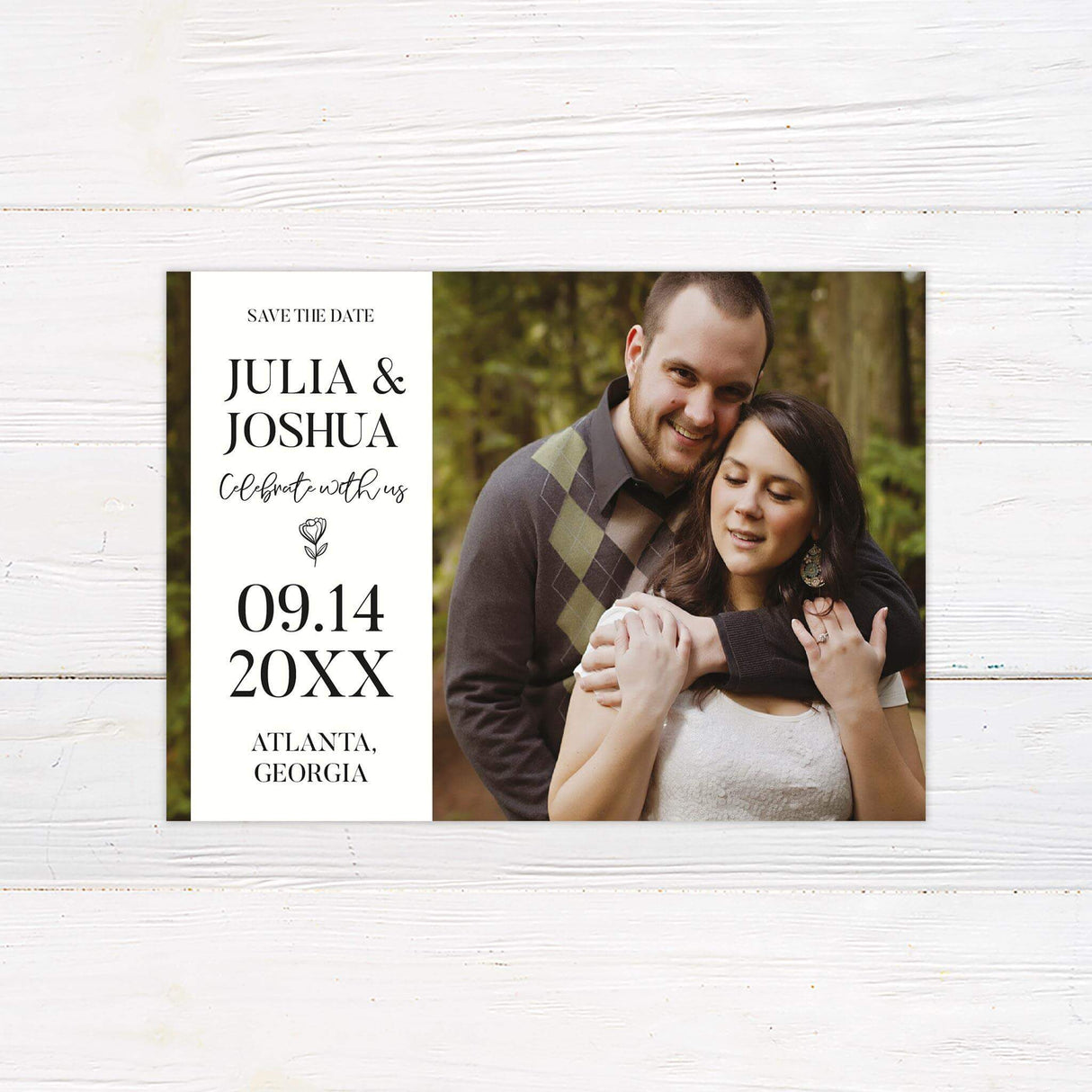 Save the Date card with photo and minimal black serif fonts