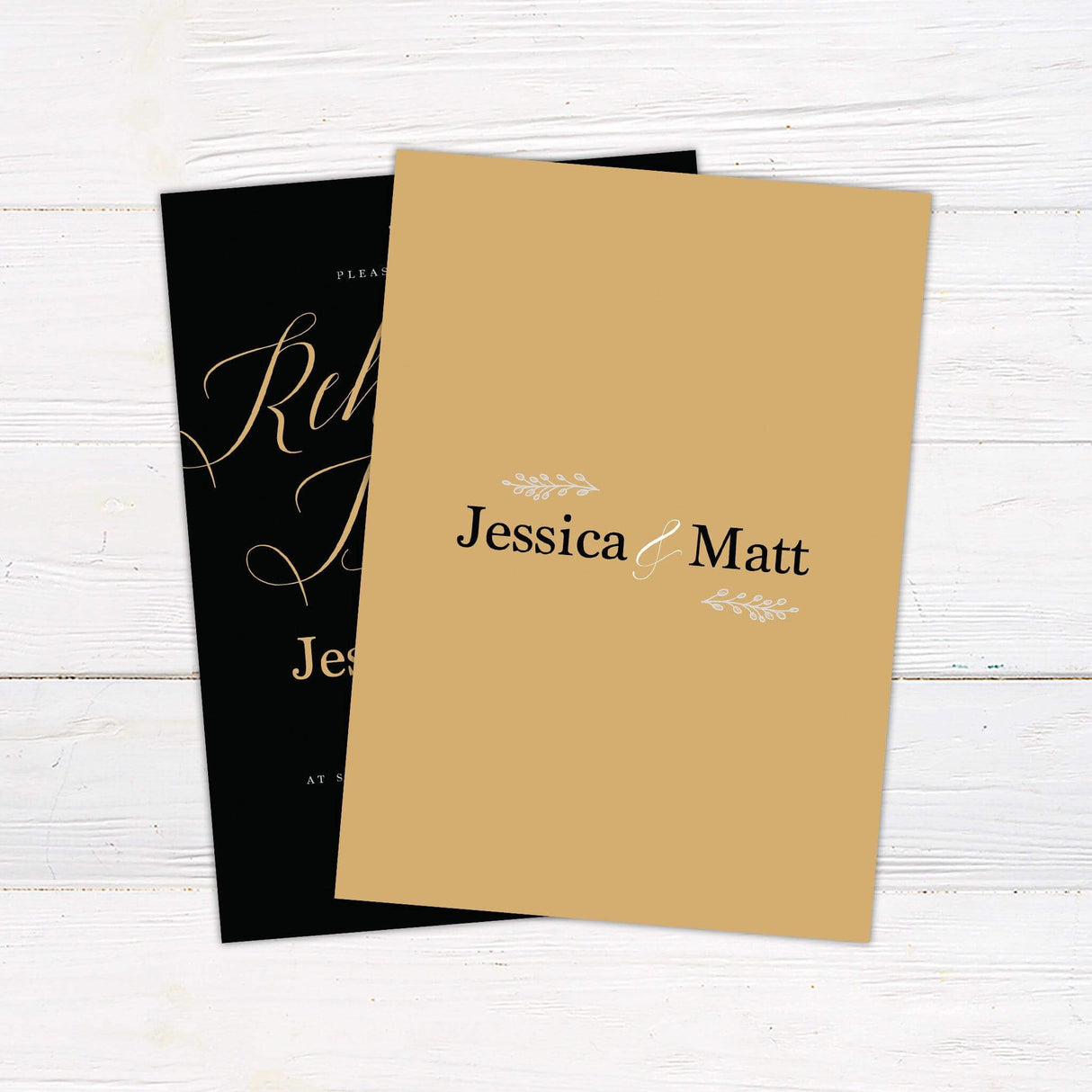 This elegant rehearsal dinner invitation features a black background with gold script for the title "Rehearsal Dinner," giving it a luxurious feel. The couple's names are displayed in a large, elegant gold font. The design is complemented by a minimalist leaf motif at the top and bottom. The date, time, and venue details are clearly laid out in a refined, modern font. This sophisticated design is perfect for couples seeking a timeless and classy way to invite guests to their special evening. Gold Back.