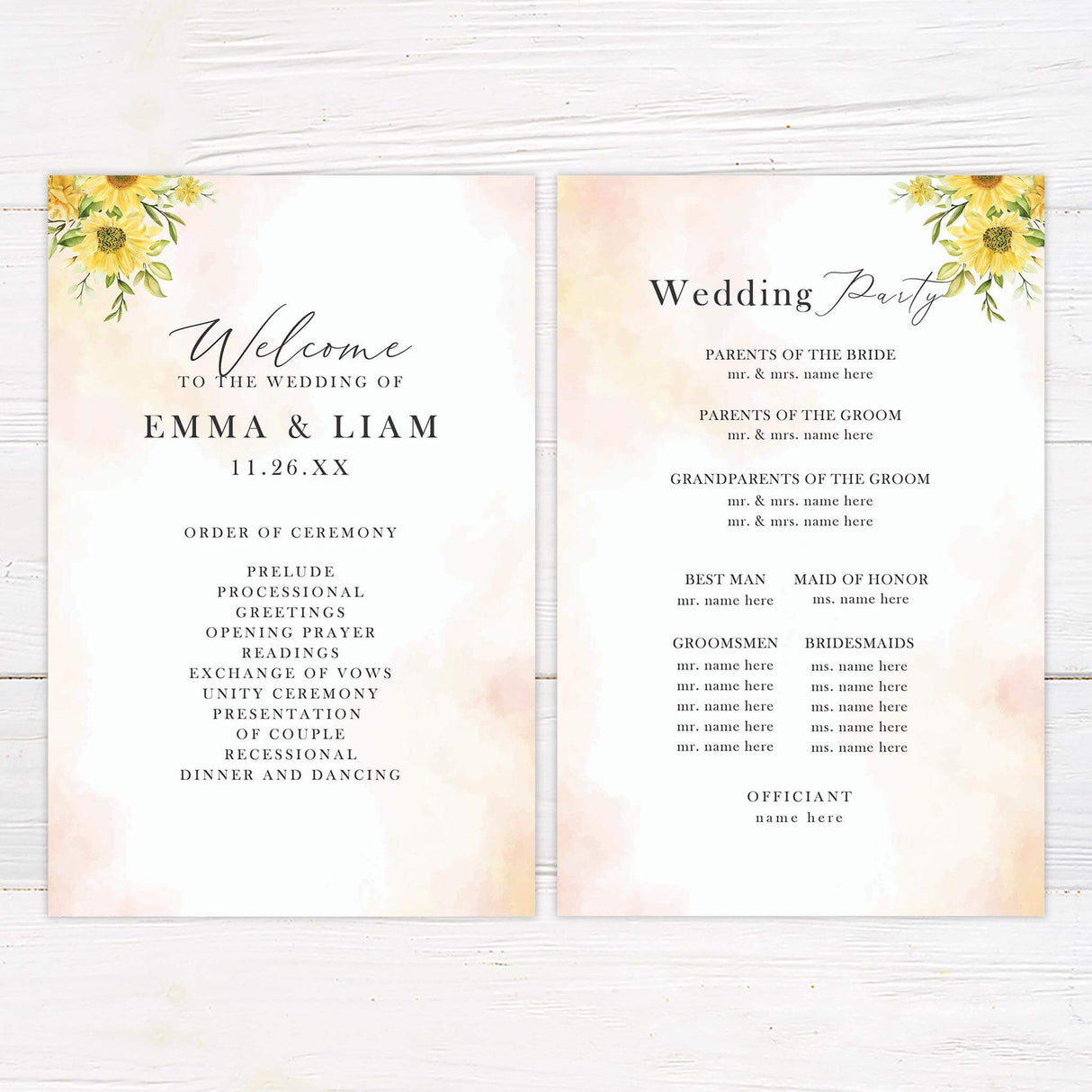 Wedding program with yellow sunflowers and coordinated typography