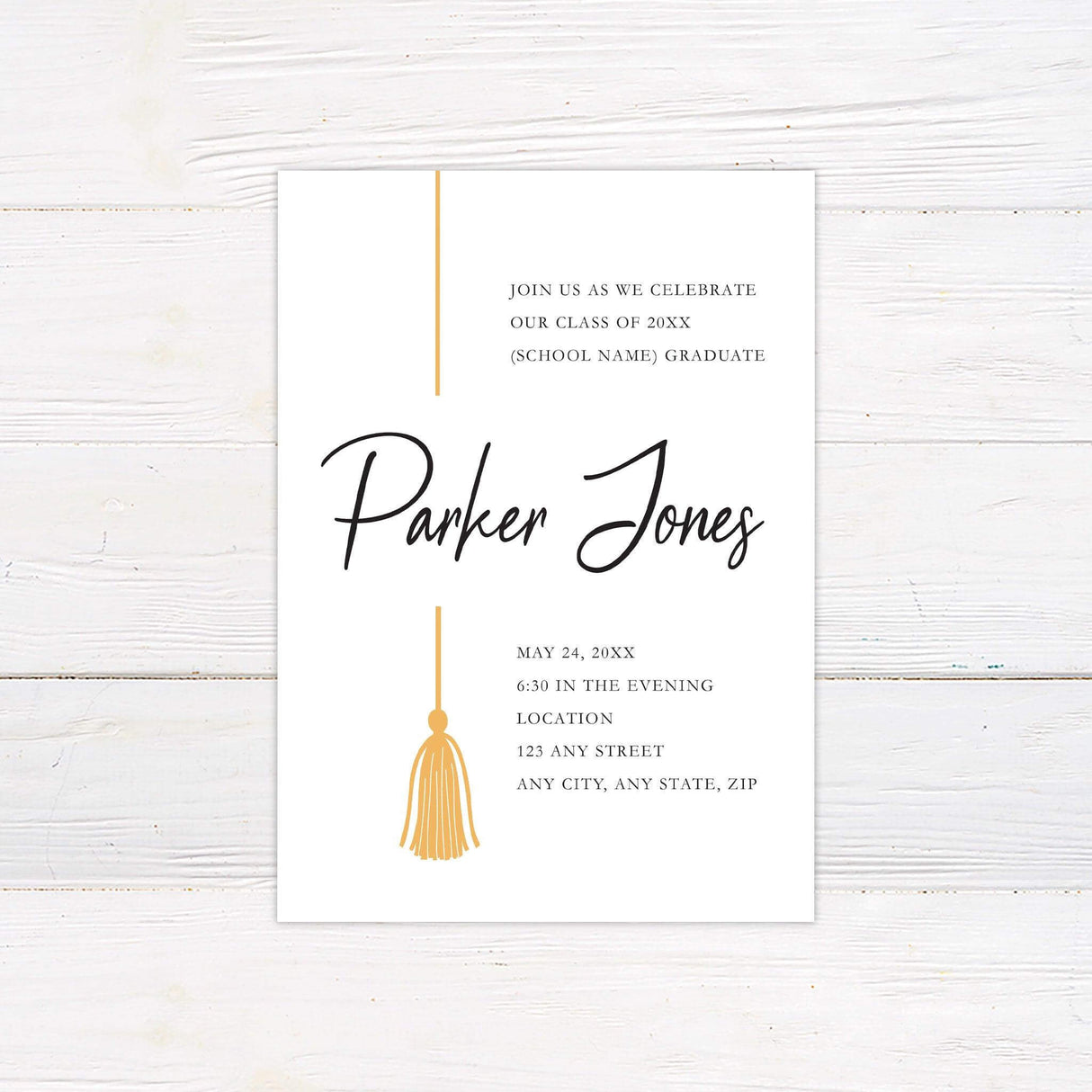 Elegant and minimalist graduation invitation featuring a tassel illustration and customizable text. Perfect for celebrating your graduate in style.