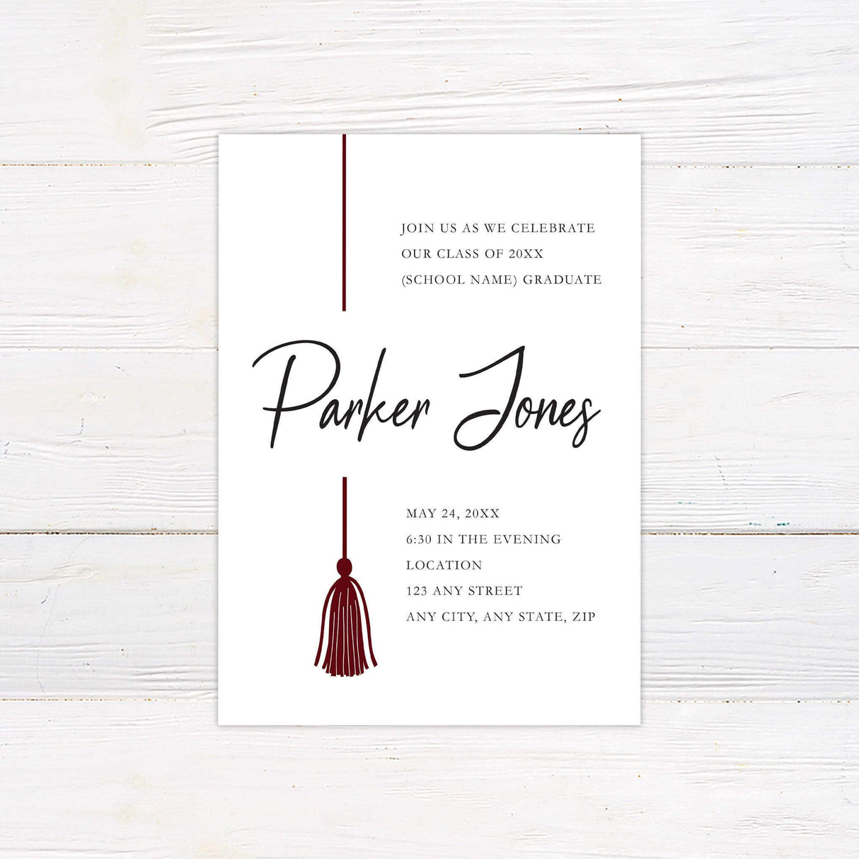Elegant and minimalist graduation invitation featuring a tassel illustration and customizable text. Perfect for celebrating your graduate in style.