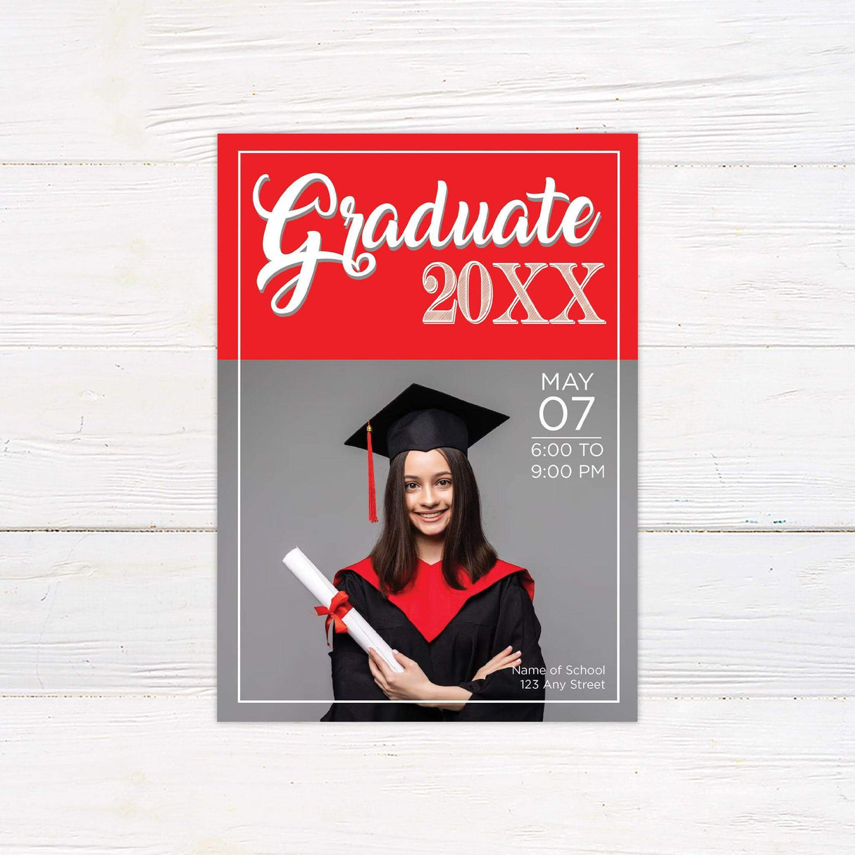 Customizable graduation invitation with a modern split design, featuring a bold graduate title and year at the top and a large photo at the bottom. Matching yard signs and banners available. Red.