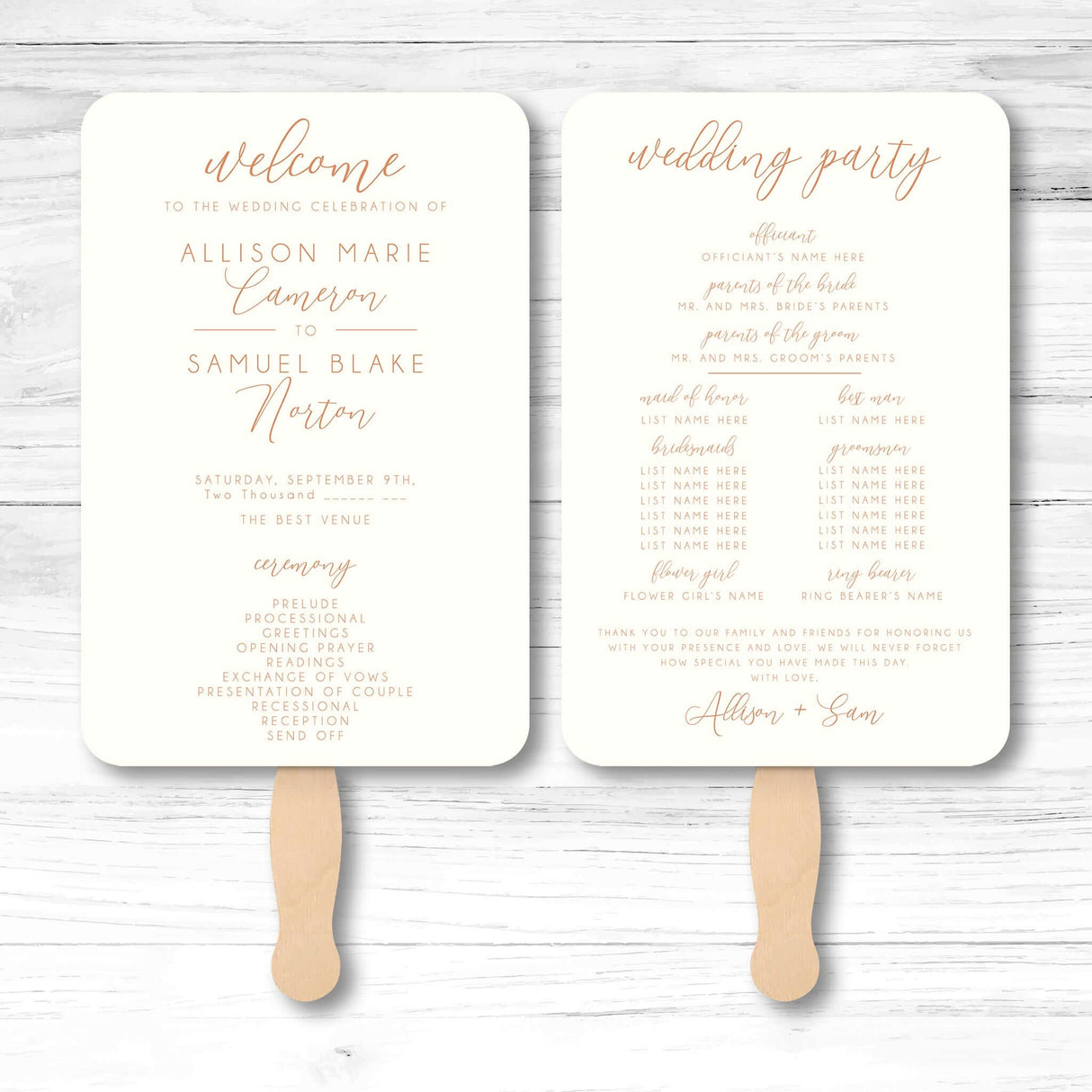 Minimalist wedding program fan with ceremony and wedding party details printed on both sides.