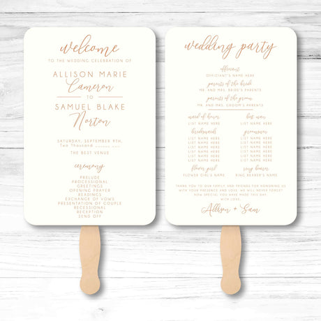 Minimalist wedding program fan with ceremony and wedding party details printed on both sides.