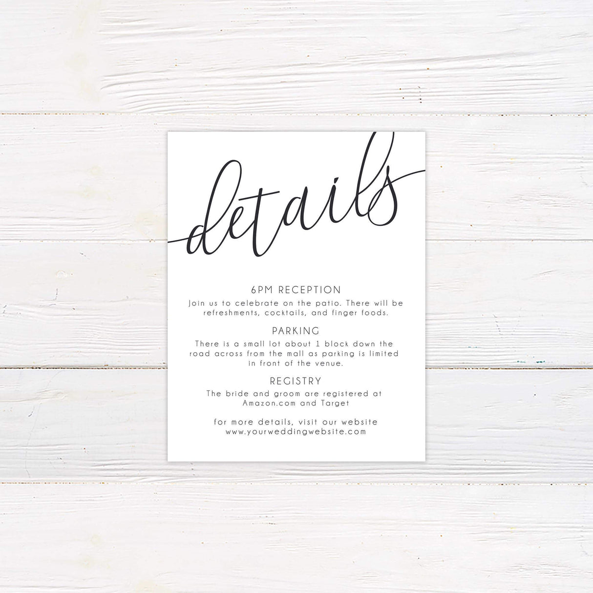 Simple wedding detail insert with clean text layout