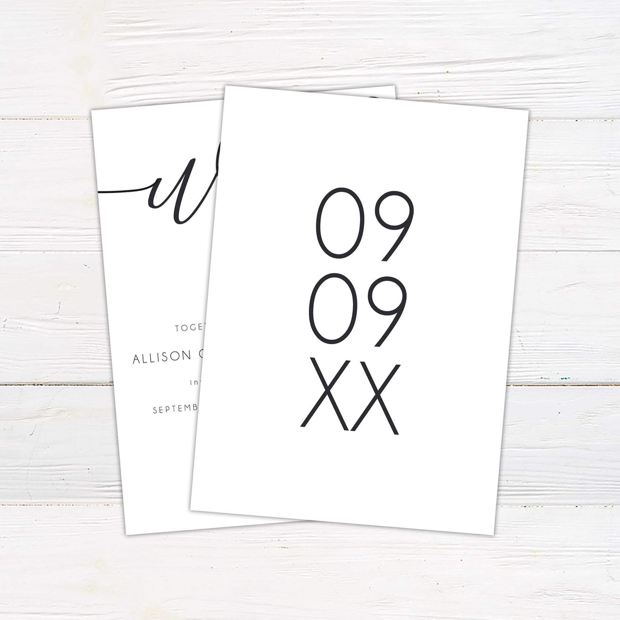 Minimalist wedding invitation with bold “we do” script and clean serif font on white background - back side with date