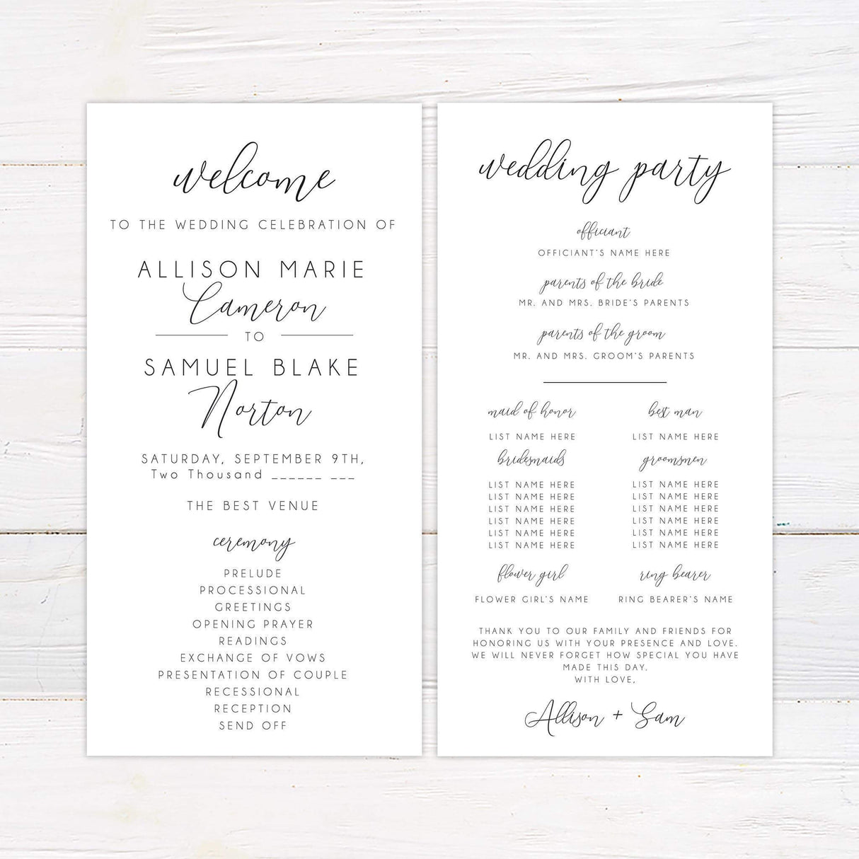Ceremony program with matching typography and modern style