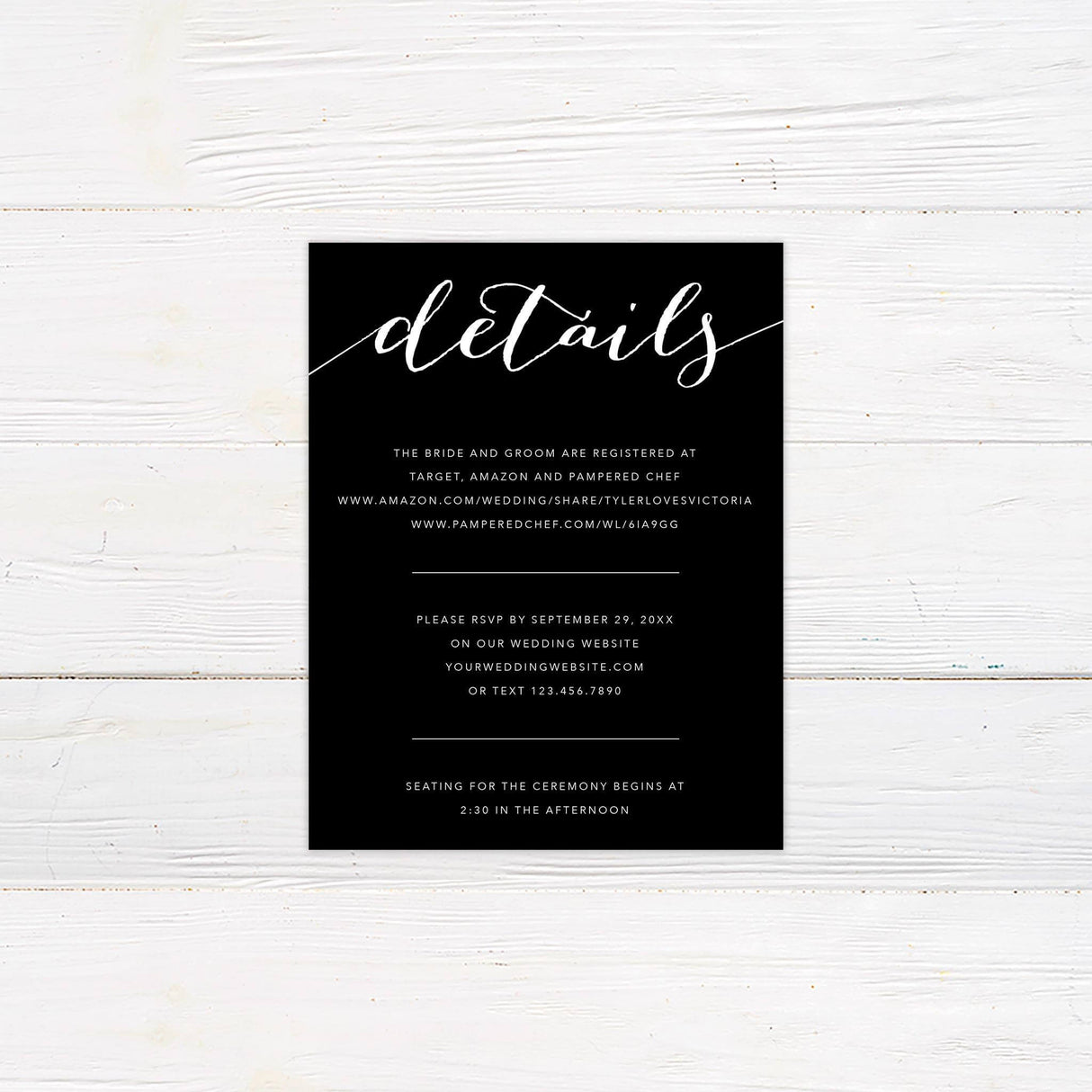 Wedding detail card with clean typography and coordinating floral sketch accents from the Simply Elegant suite.