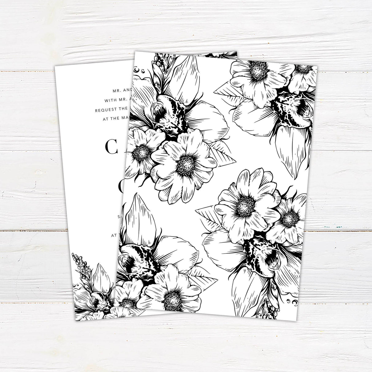 Minimalist black and white wedding invitation with serif and script fonts, floral line art in corners, and formal layout.- back side