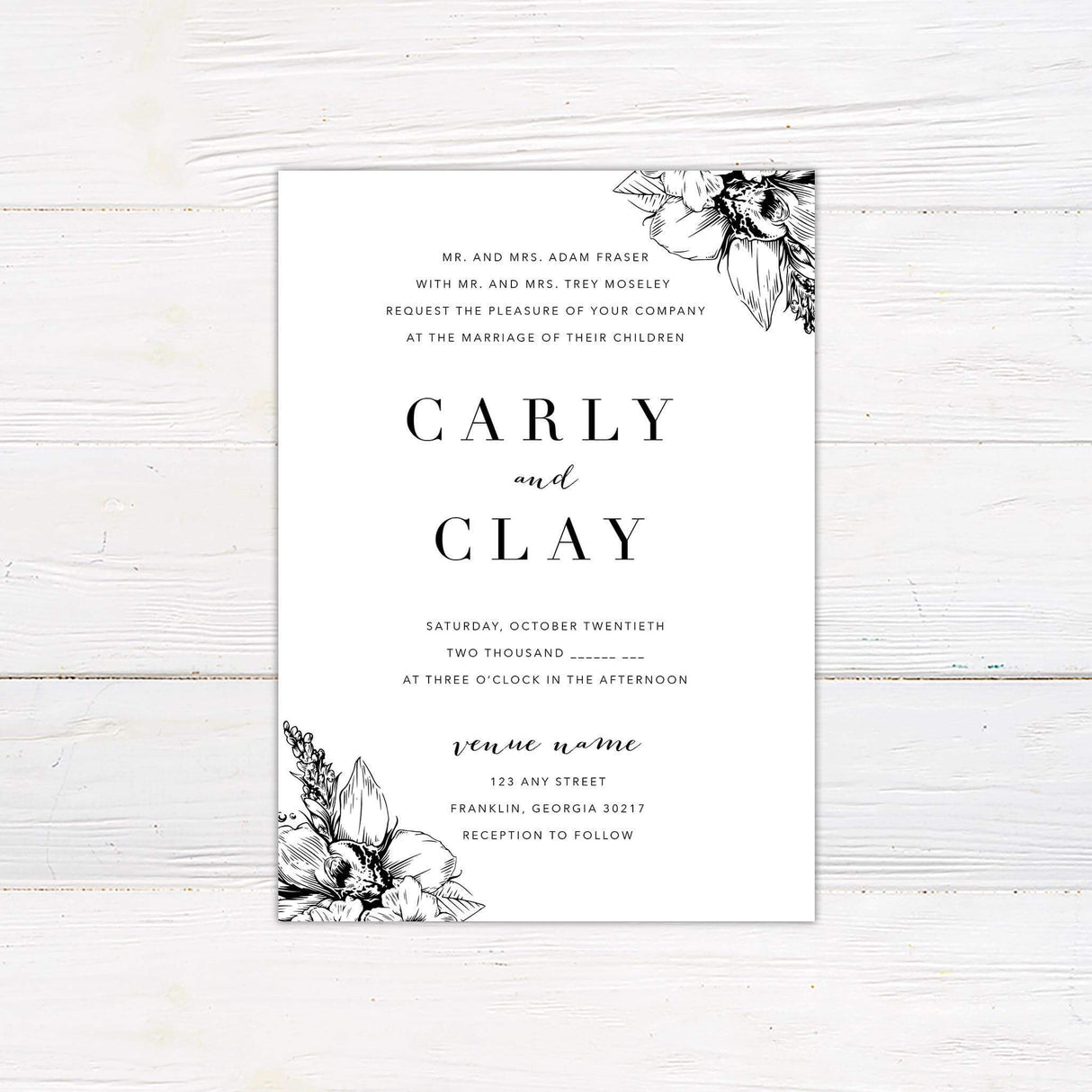 Minimalist black and white wedding invitation with serif and script fonts, floral line art in corners, and formal layout.