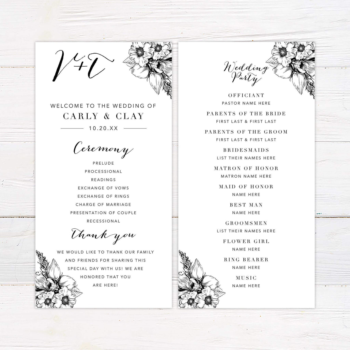 Elegant wedding ceremony program with serif and script fonts, floral black line art on white background.