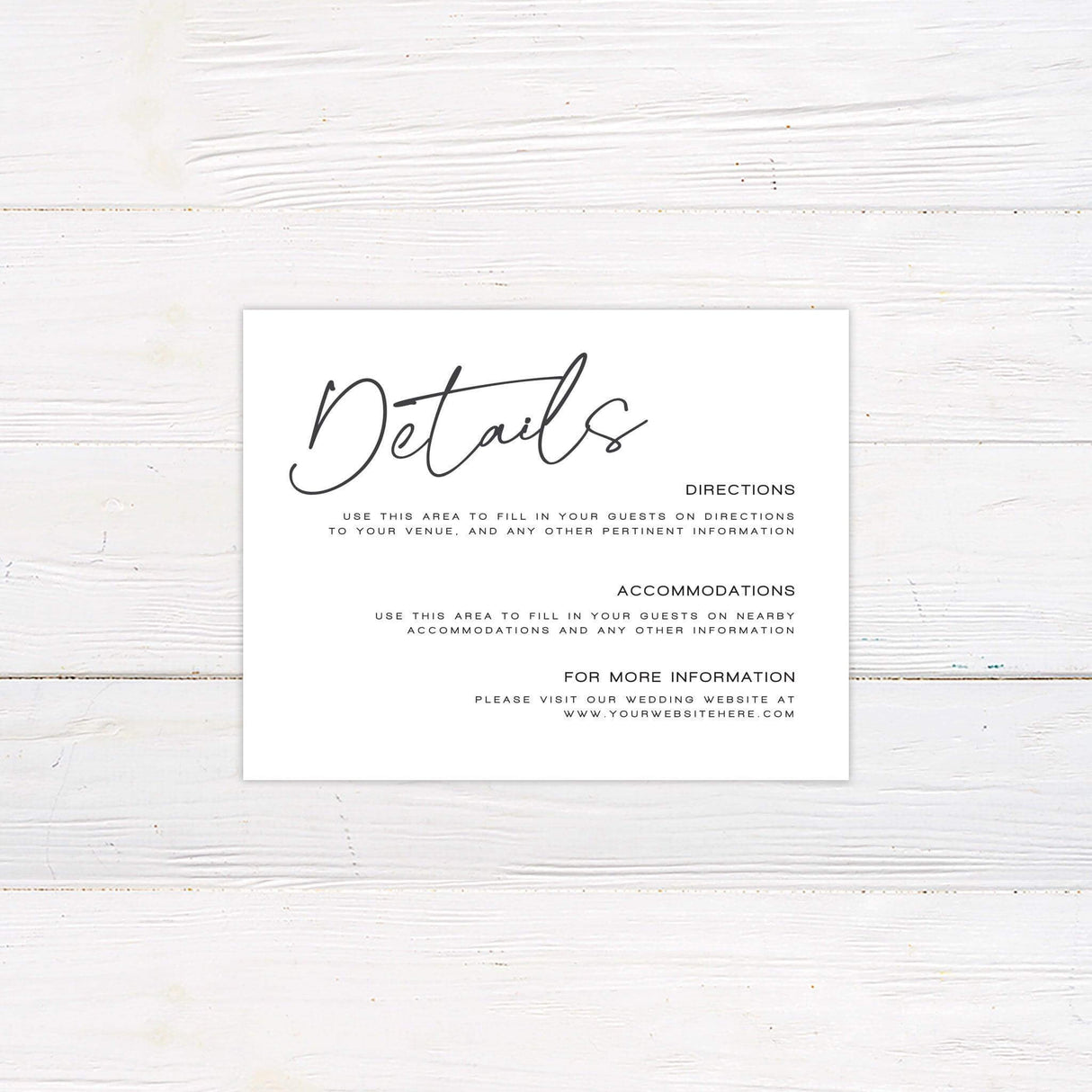 Minimalist wedding details card with elegant script font and classic black and white design