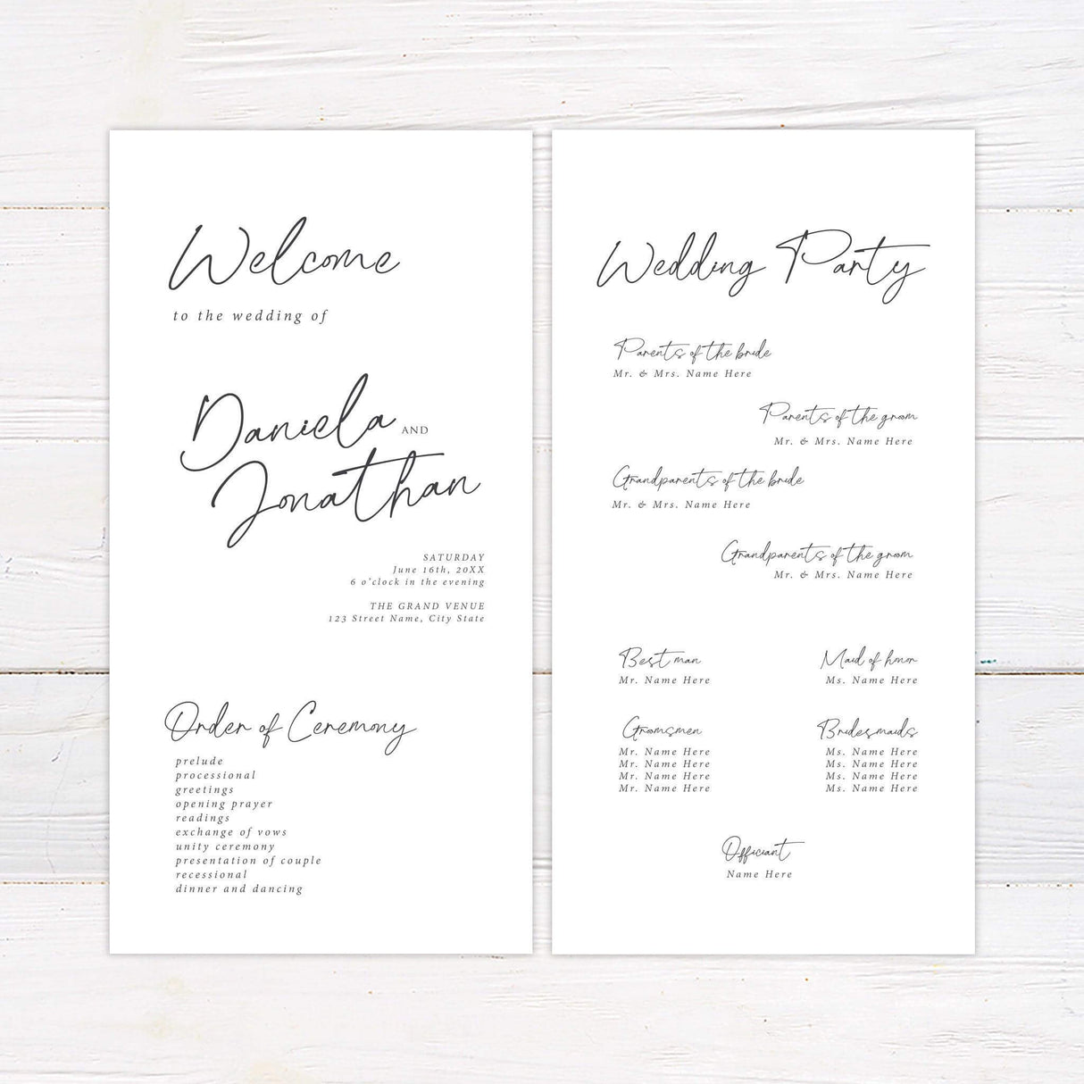 Minimalist wedding program with elegant script font and classic black and white design