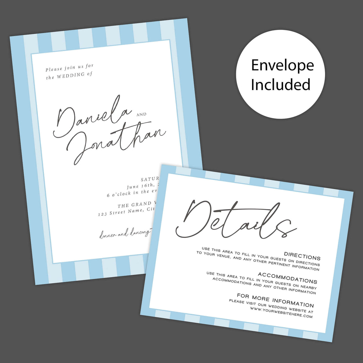 Simply Written wedding invitation with soft blue stripes, featuring elegant handwritten script and serif fonts, envelope included.