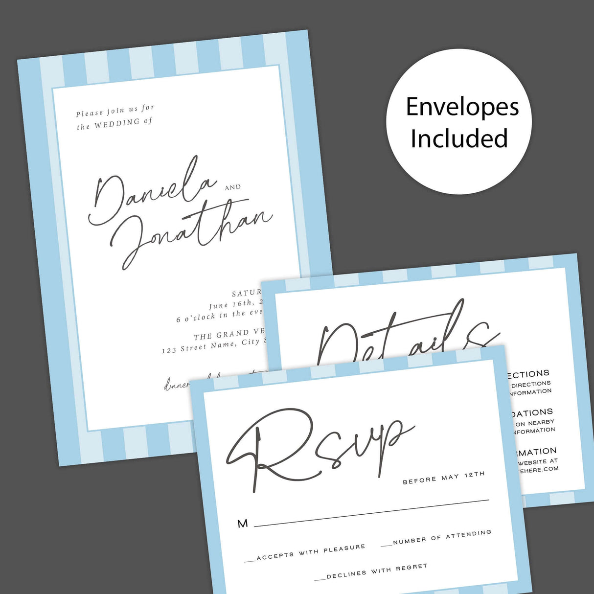 Simply Written wedding invitation set with soft blue stripes, featuring RSVP and details card, envelopes included.