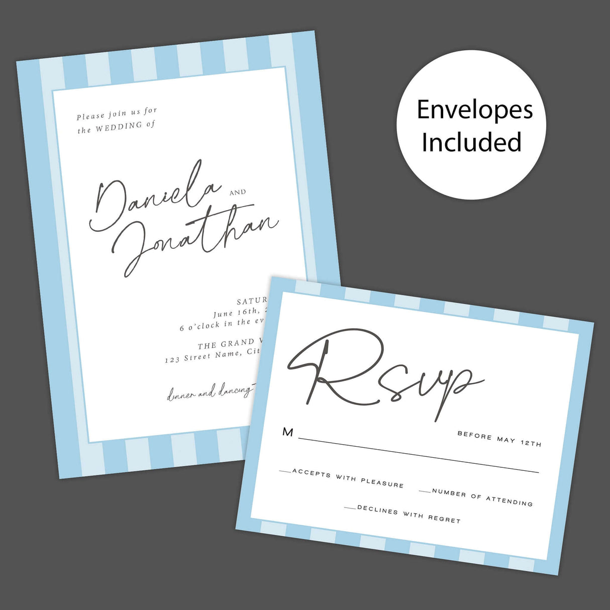 Simply Written wedding invitation with soft blue stripes featuring RSVP card, minimalist design, envelopes included.