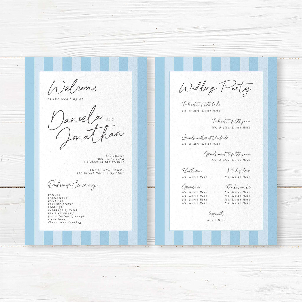 Wedding program with alternating soft blue and white stripes, clean center panel, and handwritten and serif fonts, matching the Simply Written wedding suite for a modern minimalist look.