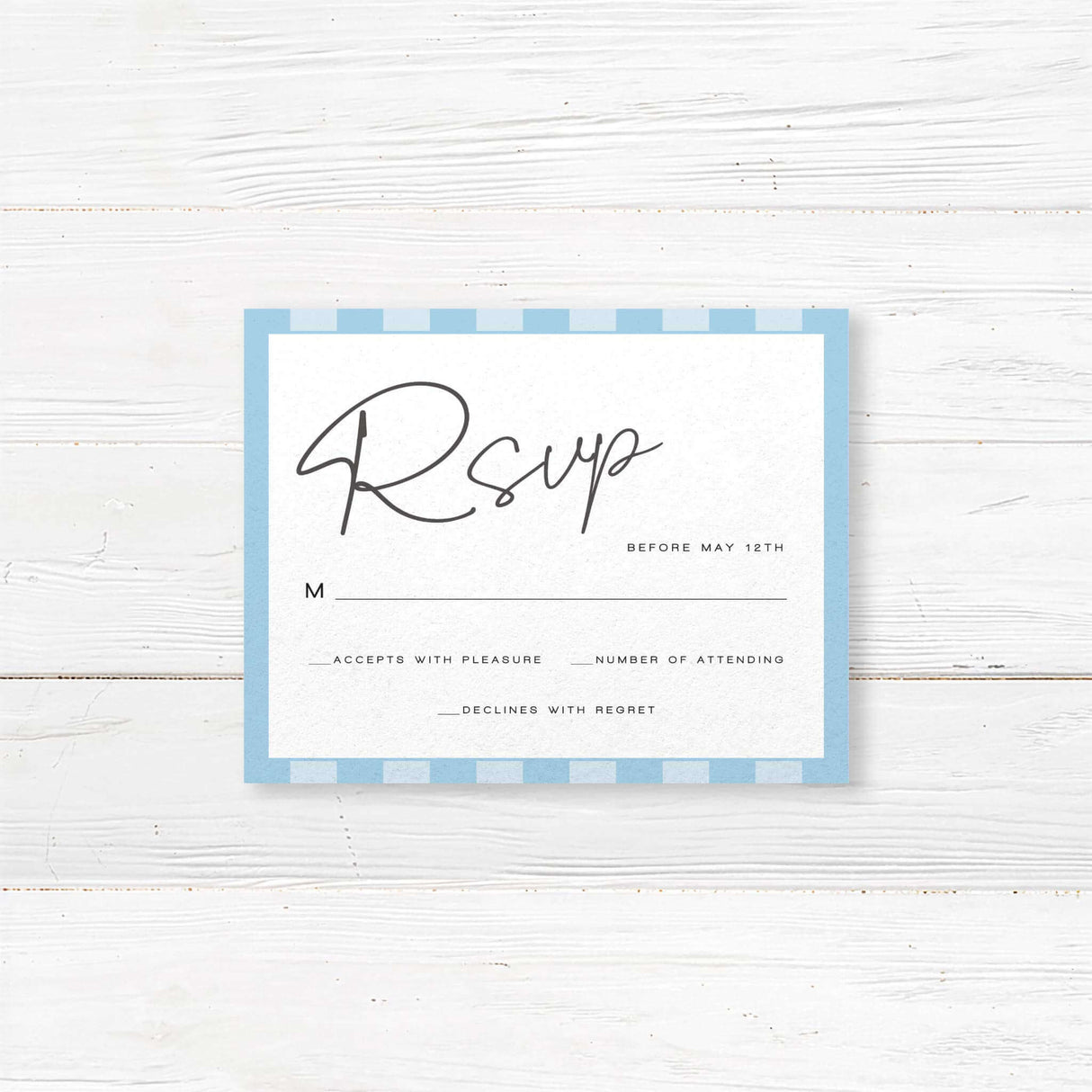 Wedding RSVP card featuring soft blue and white vertical stripes, minimalist layout, serif fonts, and clean design matching the Simply Written Soft Blue Stripes suite.