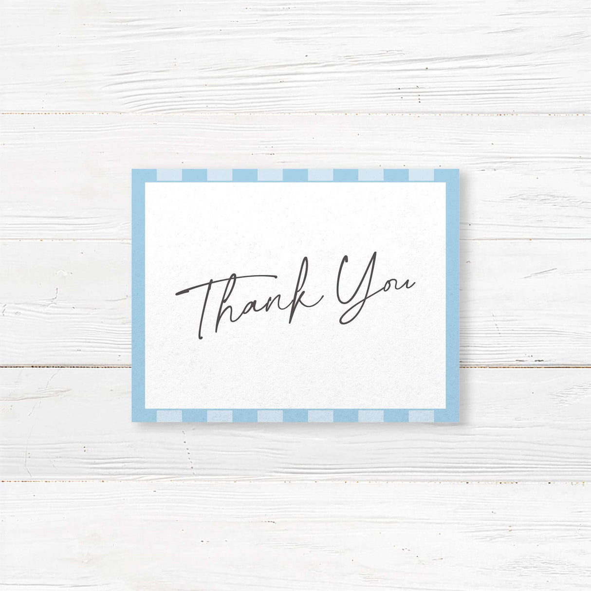 Wedding thank you card with soft blue and white vertical stripes, clean white panel, handwritten and serif fonts, and minimalist layout for the Simply Written suite.