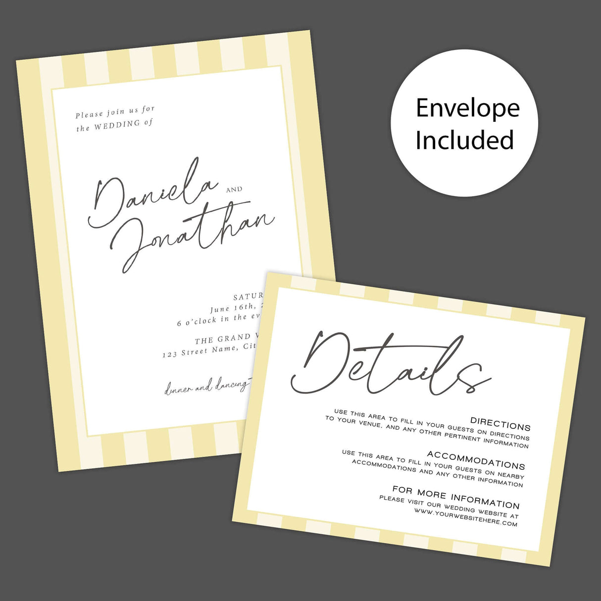 Simply Written Wedding Invitation - Simply written wedding invitation with soft yellow stripe border and elegant script detail, ideal for spring weddings.