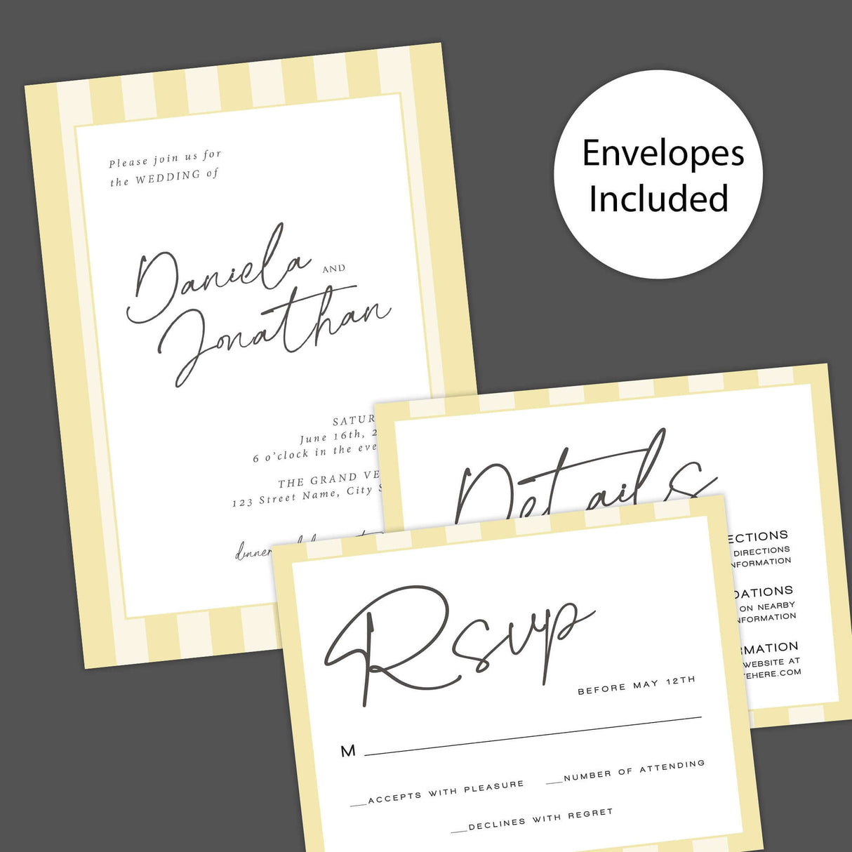 Simply Written Wedding Invitation with soft yellow stripe border and envelopes included, featuring elegant handwritten script.