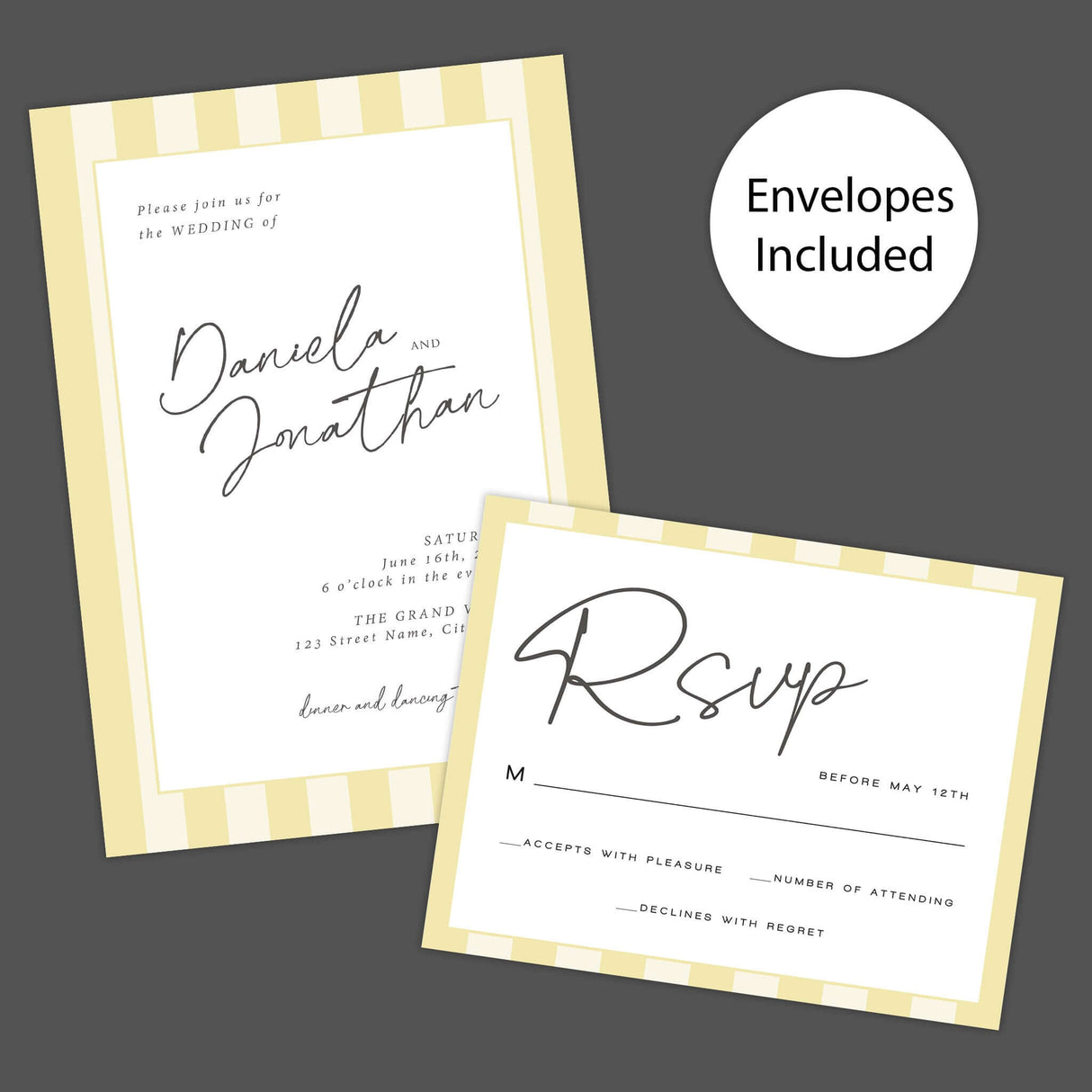 Simply Written Wedding Invitation with soft yellow stripe border and RSVP card, featuring handwritten script and classic serif fonts.