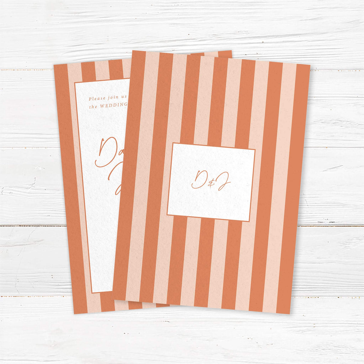 Modern wedding invitation with vertical terracotta and neutral stripes, minimalist white panel, handwritten and serif font combination for a stylish fall or rustic wedding design. - back side