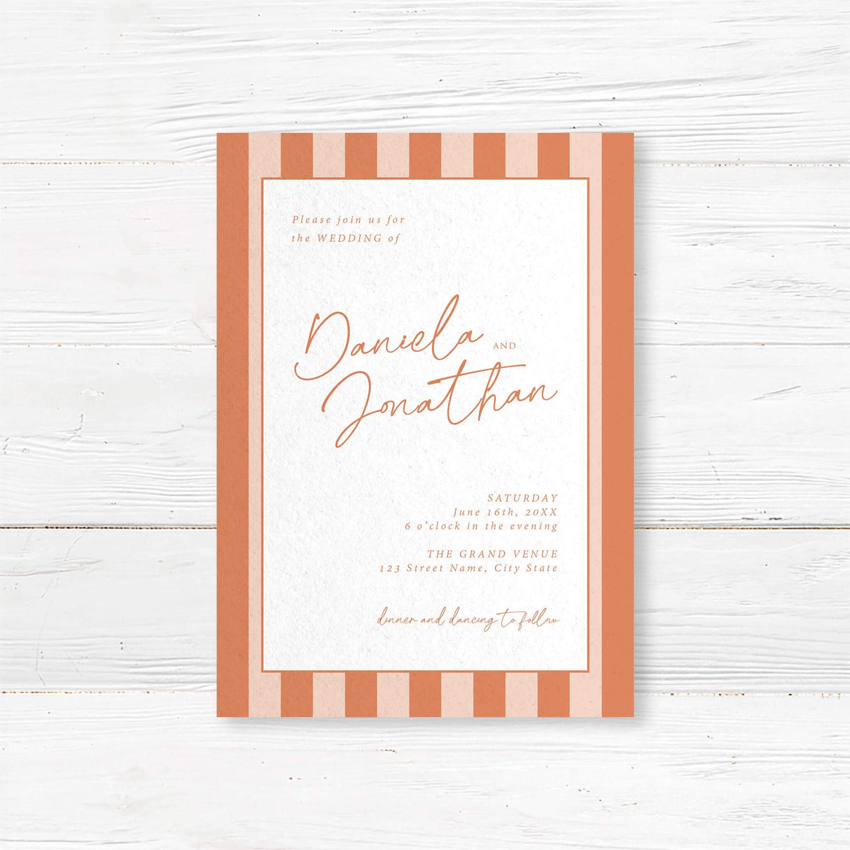 Modern wedding invitation with vertical terracotta and neutral stripes, minimalist white panel, handwritten and serif font combination for a stylish fall or rustic wedding design.