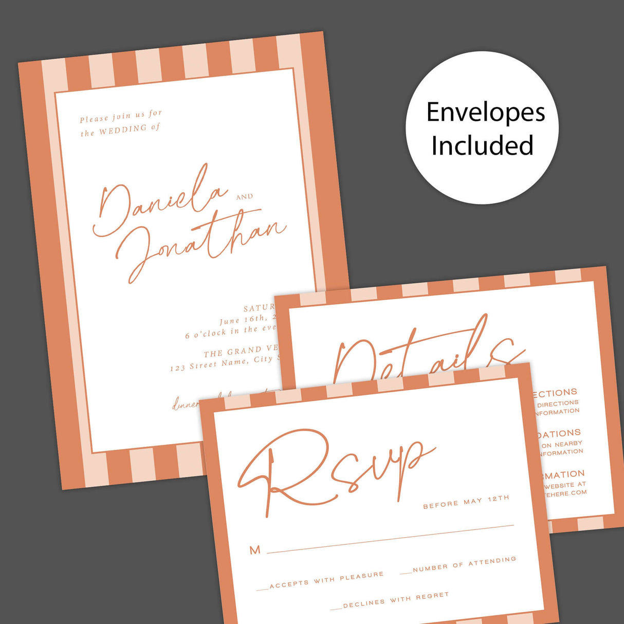 Simply Written wedding invitation set with terracotta stripe border, featuring elegant script and serif fonts, envelopes included.