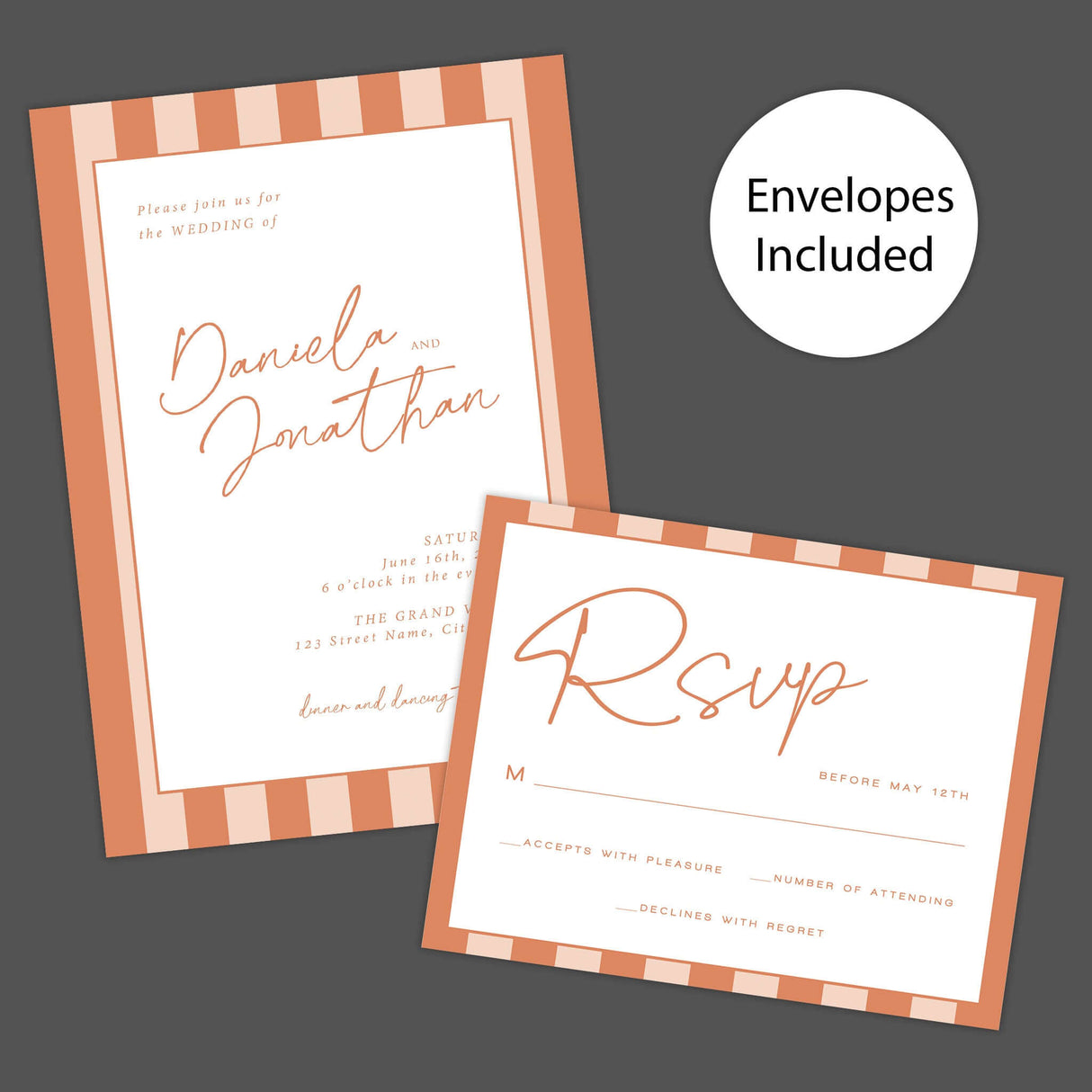 Simply Written wedding invitation with terracotta stripes and RSVP card on gray background.
