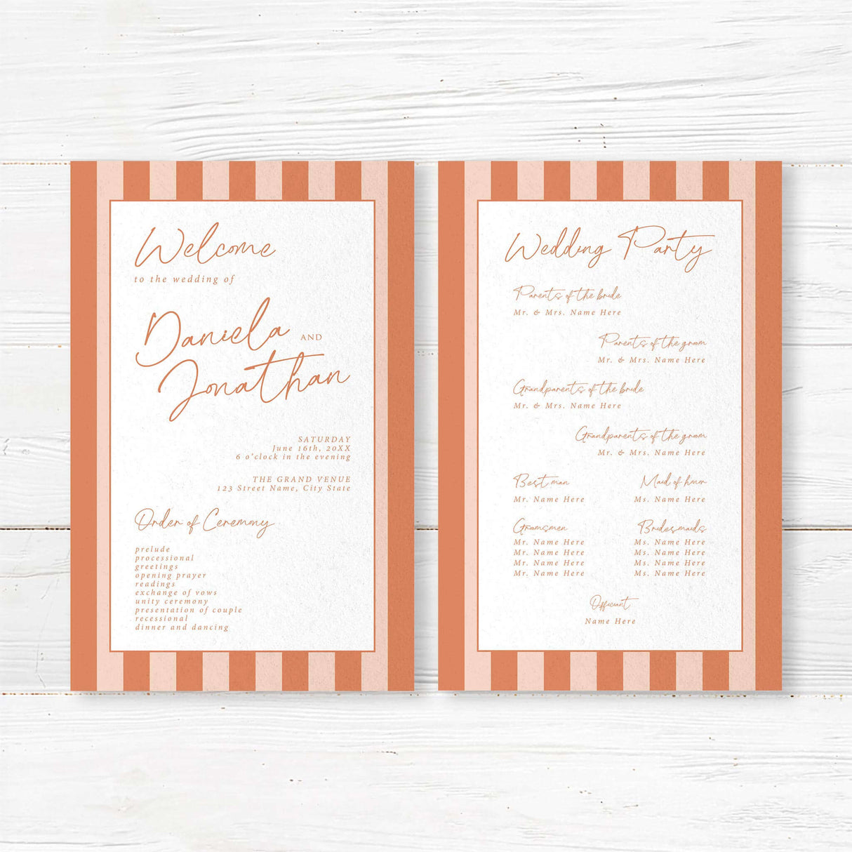 Wedding program with vertical terracotta and neutral stripes, white center panel, modern handwritten and serif fonts, part of the Simply Written Terracotta Stripes suite.