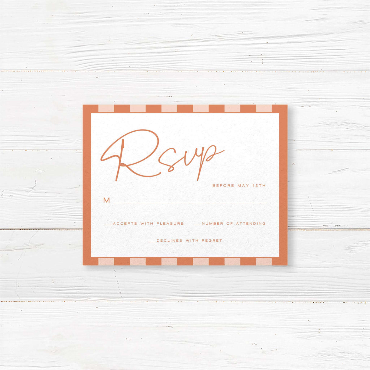 Wedding RSVP card with terracotta and neutral vertical stripes, minimalist layout, white background, and modern serif fonts to match the Simply Written wedding invitation suite.