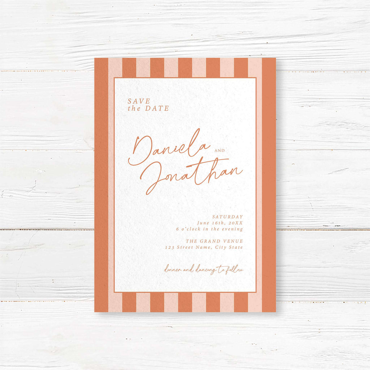 Save the Date card with vertical terracotta and neutral stripes, clean white panel, modern script and serif fonts for a fall, rustic, or minimalist wedding announcement.