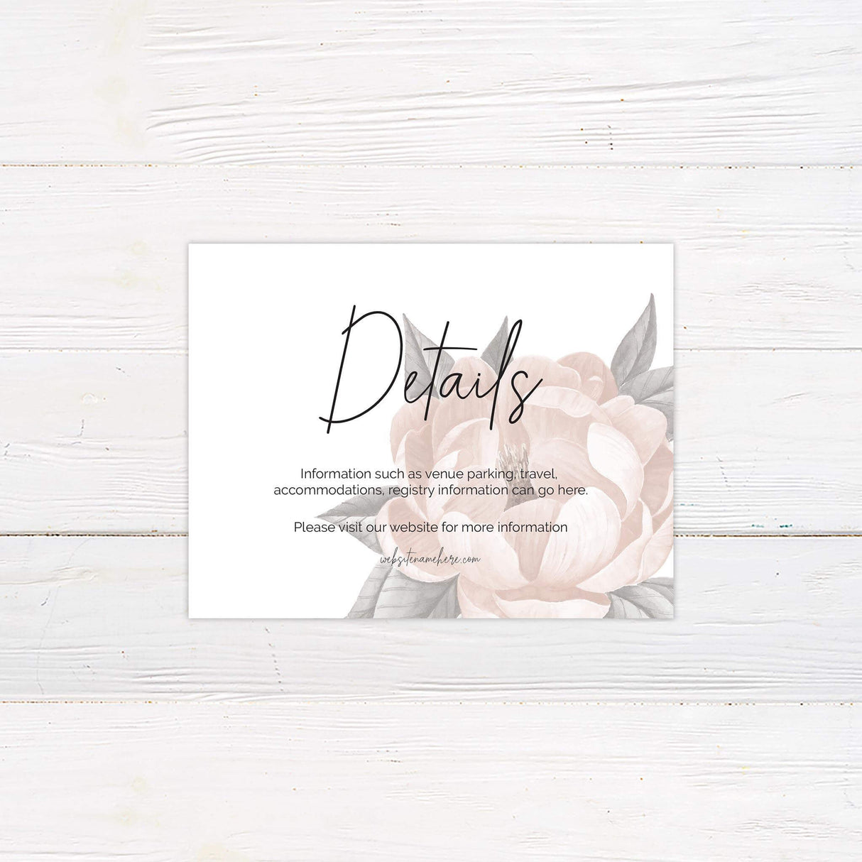 Wedding detail card with simple layout, blush flower artwork, and elegant script from the Single Bloom collection.