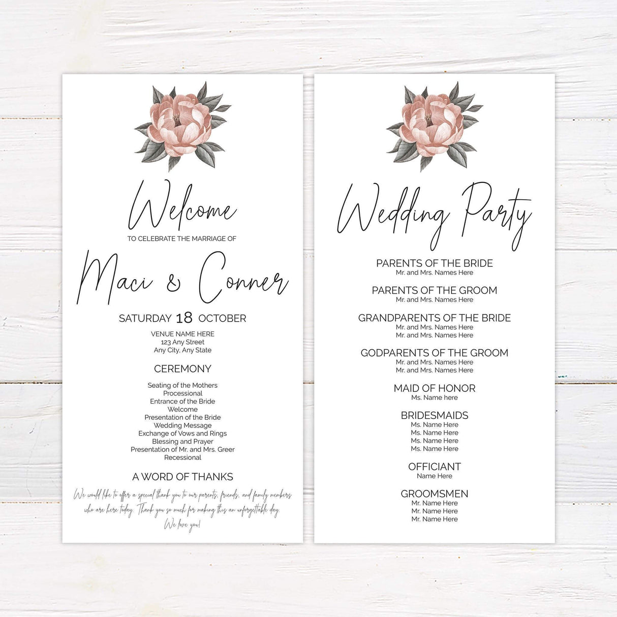 Wedding ceremony program with blush floral illustration and clean serif layout from the Single Bloom suite.