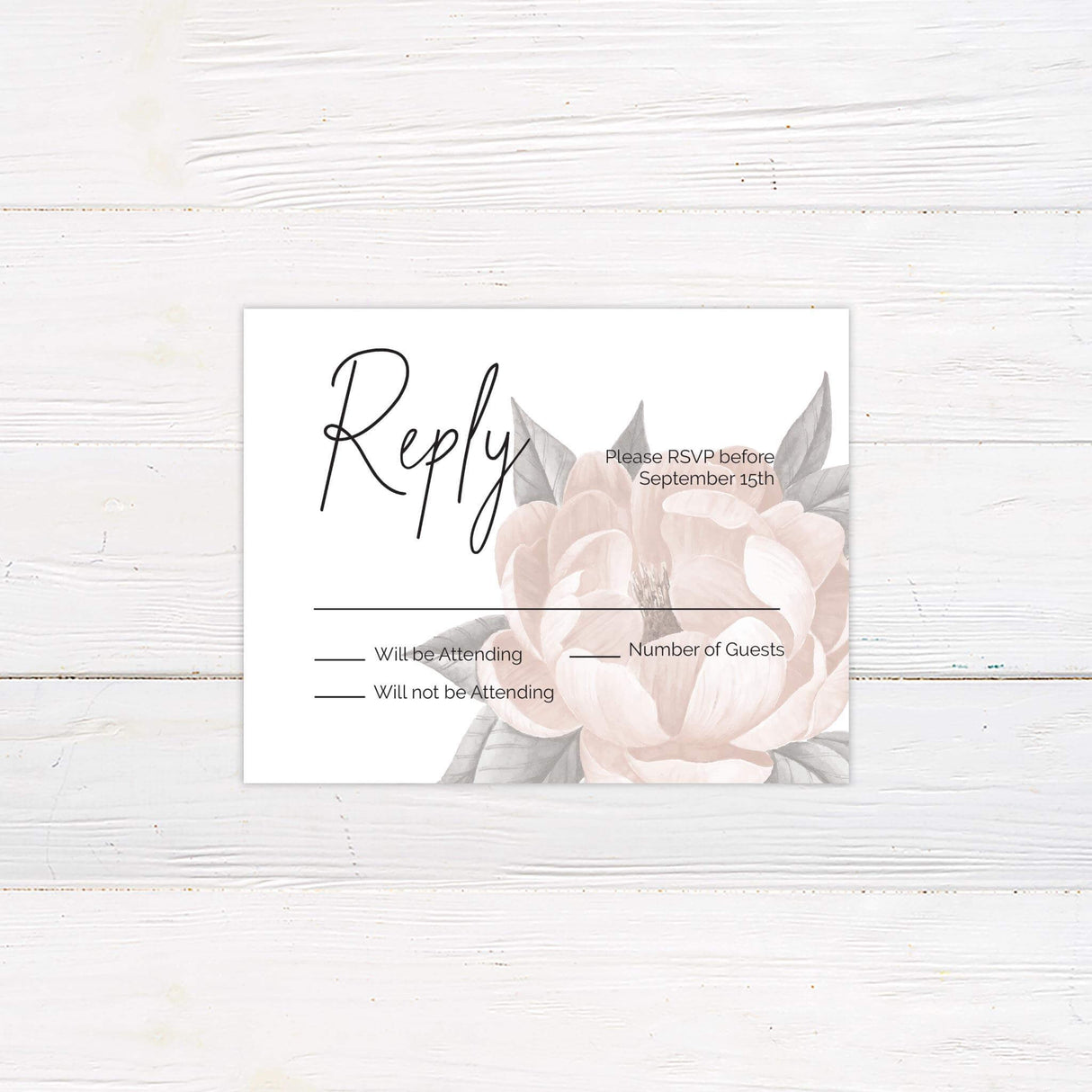 RSVP card with blush pink floral accent and minimalist serif fonts matching the Single Bloom wedding suite.