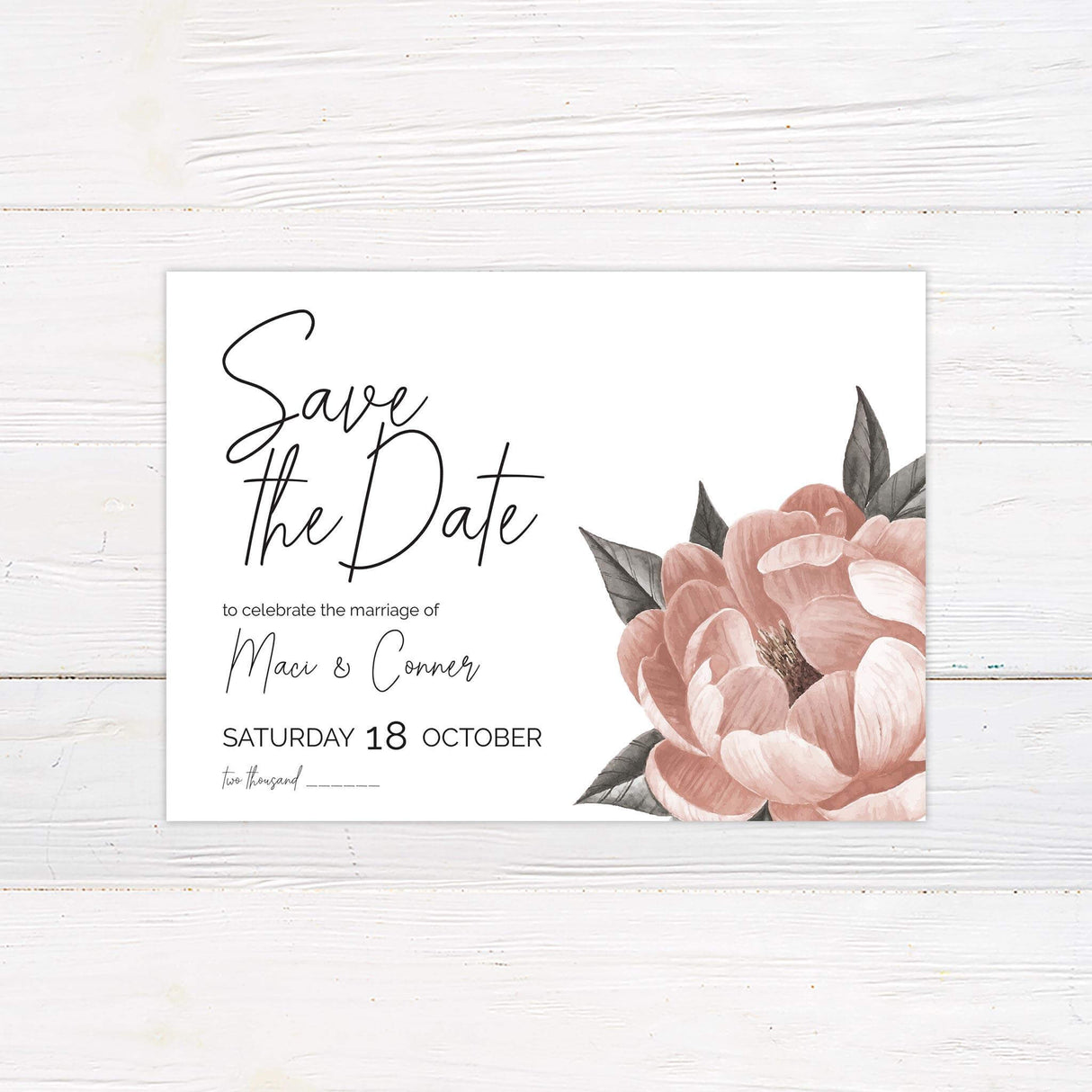 Save the Date card with blush watercolor flower and calligraphy names from the Single Bloom invitation suite.