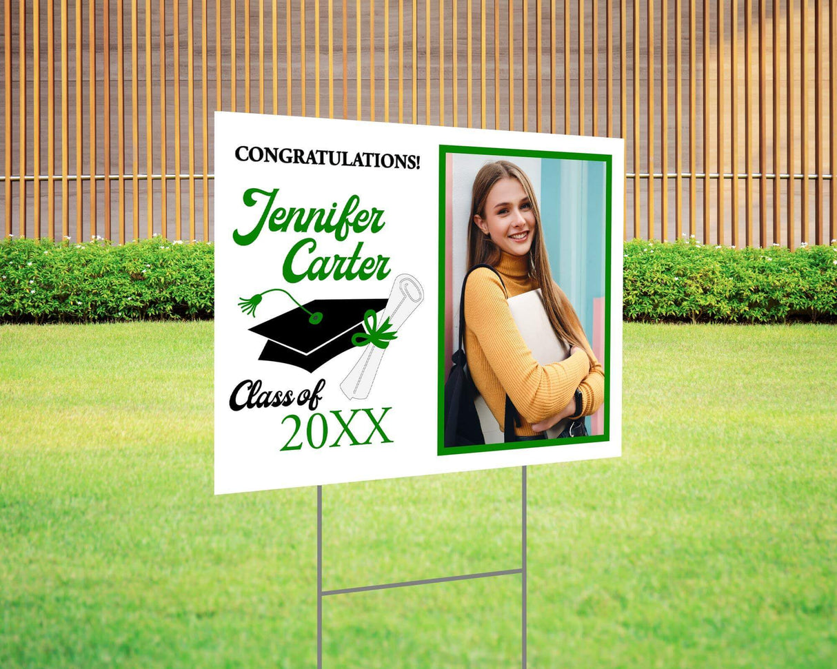 Congratulations graduation yard sign featuring a split design with a side photo, bold script name, mortarboard cap, and diploma graphic, along with the class year and school name in gold accents. Printed on durable Coreplast plastic, available in custom colors and single or double-sided print, perfect for high school and college graduates. green and black