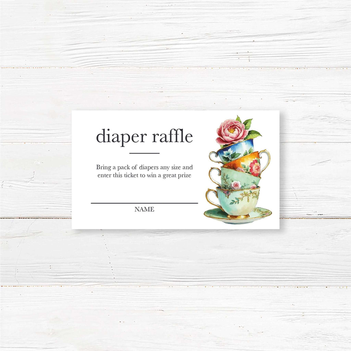 Beautiful Sip and See baby shower diaper raffle ticket featuring a stack of vintage floral tea cups with a blooming pink peony on top. Designed in a watercolor style, this elegant printed invitation has a minimalist white background with classic script and serif fonts for a timeless look. Ideal for tea-themed baby welcome parties, this invitation is professionally printed on premium cardstock and includes matching envelopes for a polished presentation.