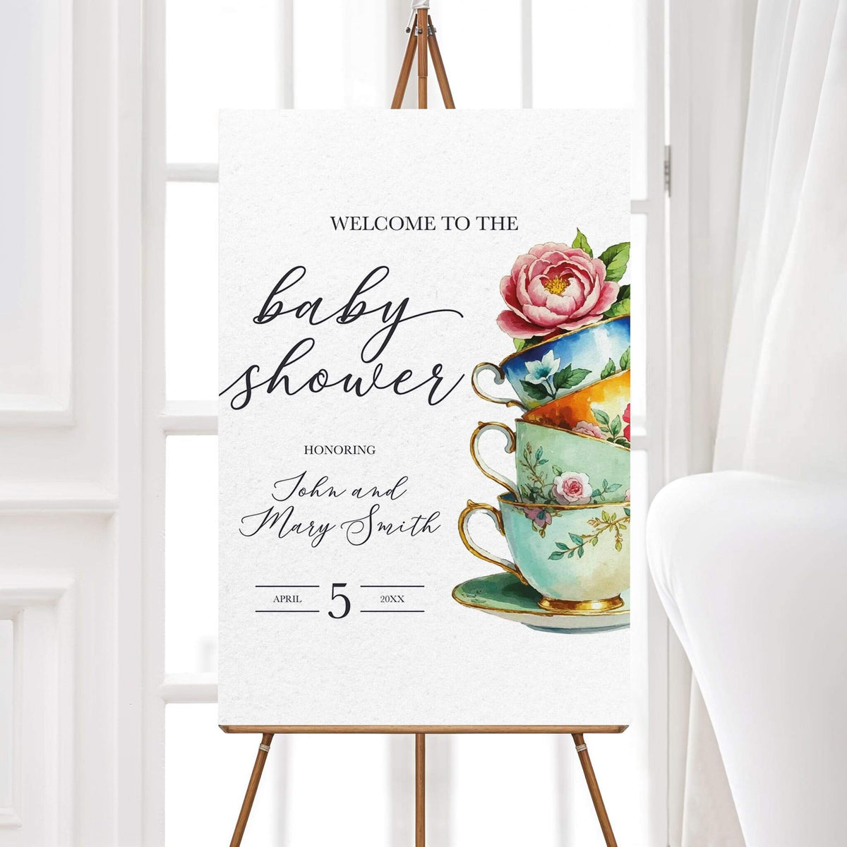 Personalized vintage tea party sip and see baby shower welcome sign featuring stacked watercolor floral teacups, a pink rose, and elegant script lettering on a white background. The vintage tea party design includes customizable names and an event date.