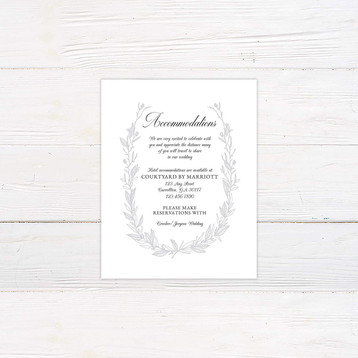 Simple wedding detail card featuring hand-drawn vine accents and elegant serif font from the Sketched Vine suite.