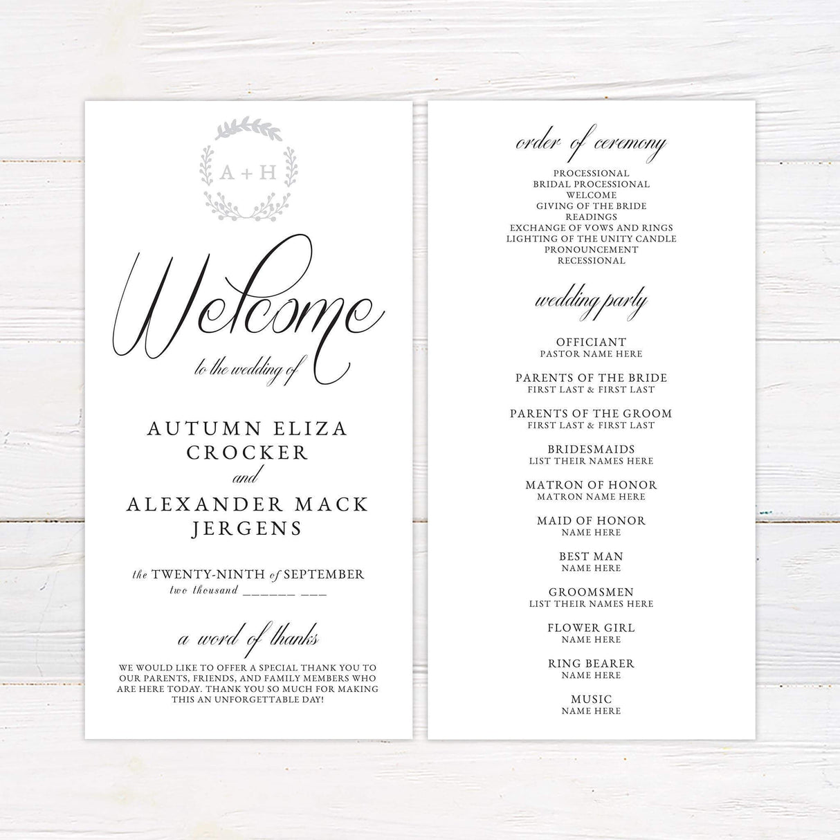 Wedding ceremony program with sketched leaf border and minimal typography, coordinating with the Sketched Vine invitation.