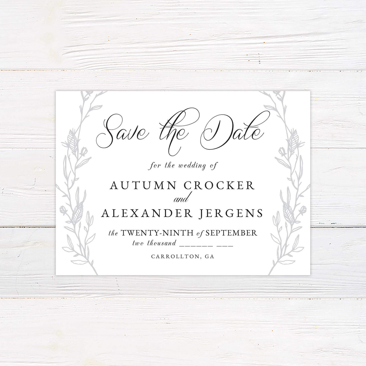 Save the Date card featuring sketched leaves and a refined serif font layout, part of the Sketched Vine invitation suite.